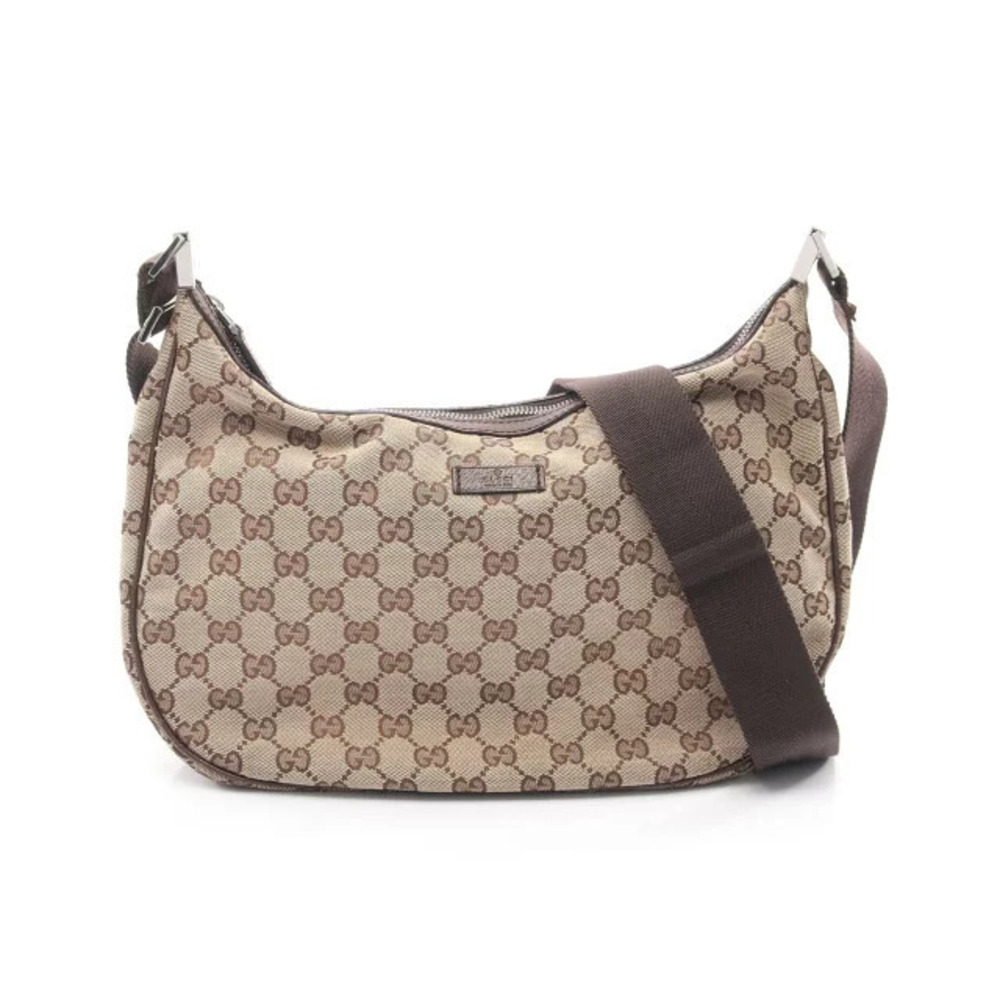 Gucci GG Canvas Shoulder Bag Leather Beige Cream Brown